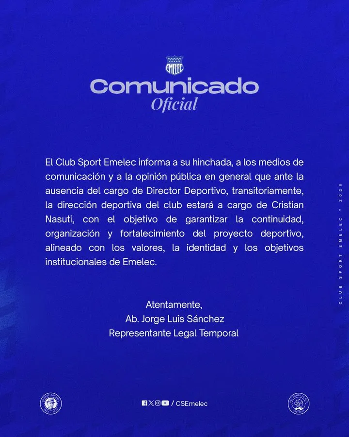 Nasuti asume como Director Deportivo. (Foto: @CSEmelec)