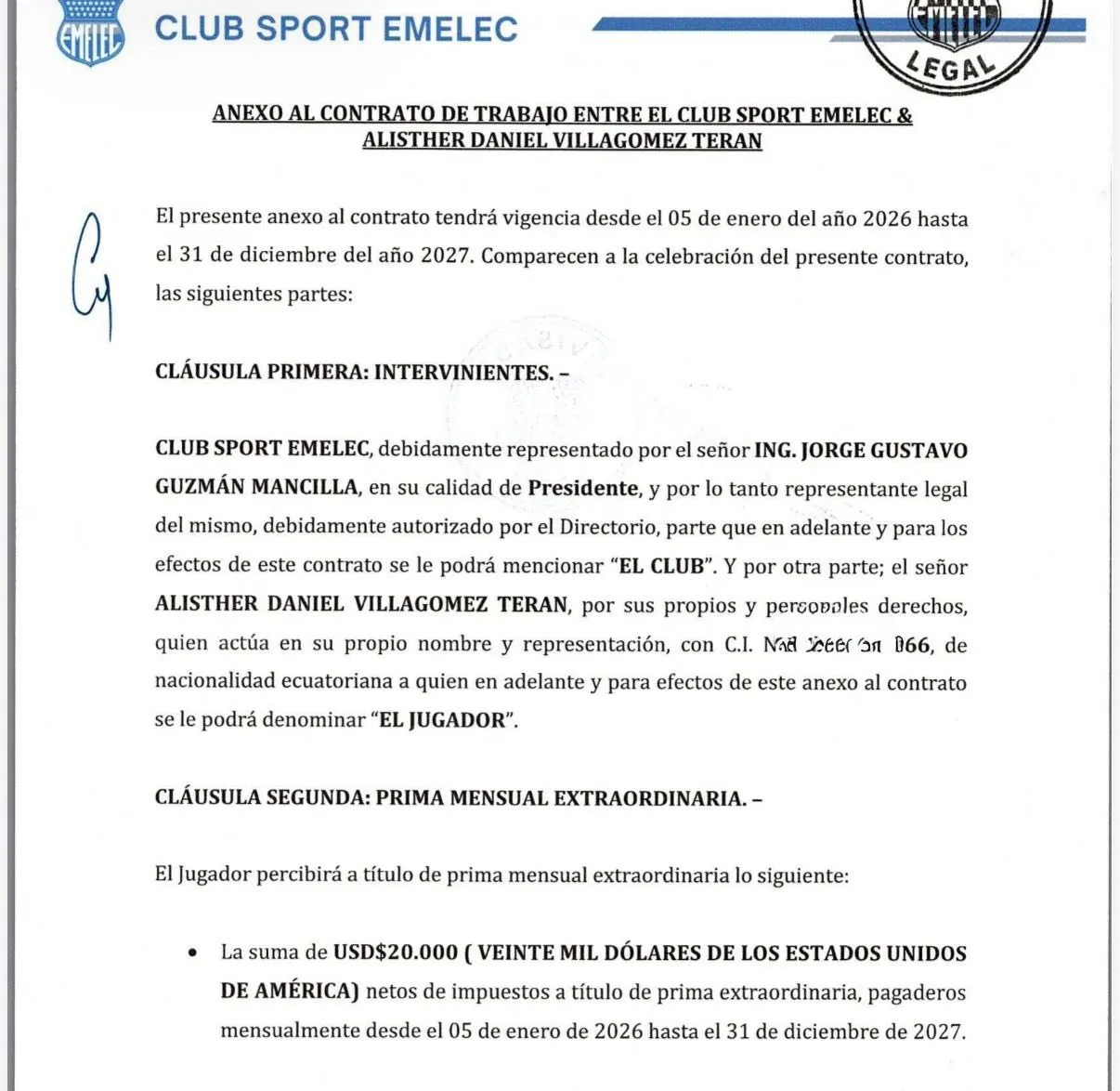 El contrato que Emelec le estaba dando Alisther Villagómez. (Foto: @Carlosgomez9010)