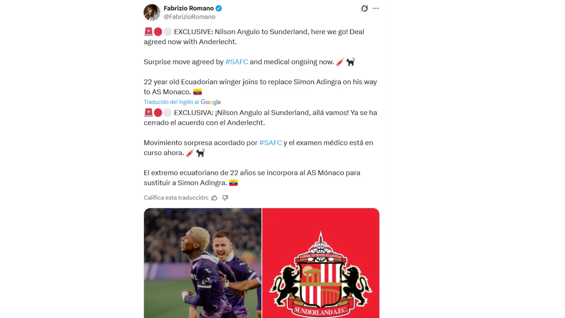 Nilson Angulo se va a Sunderland. (Captura de Pantalla)