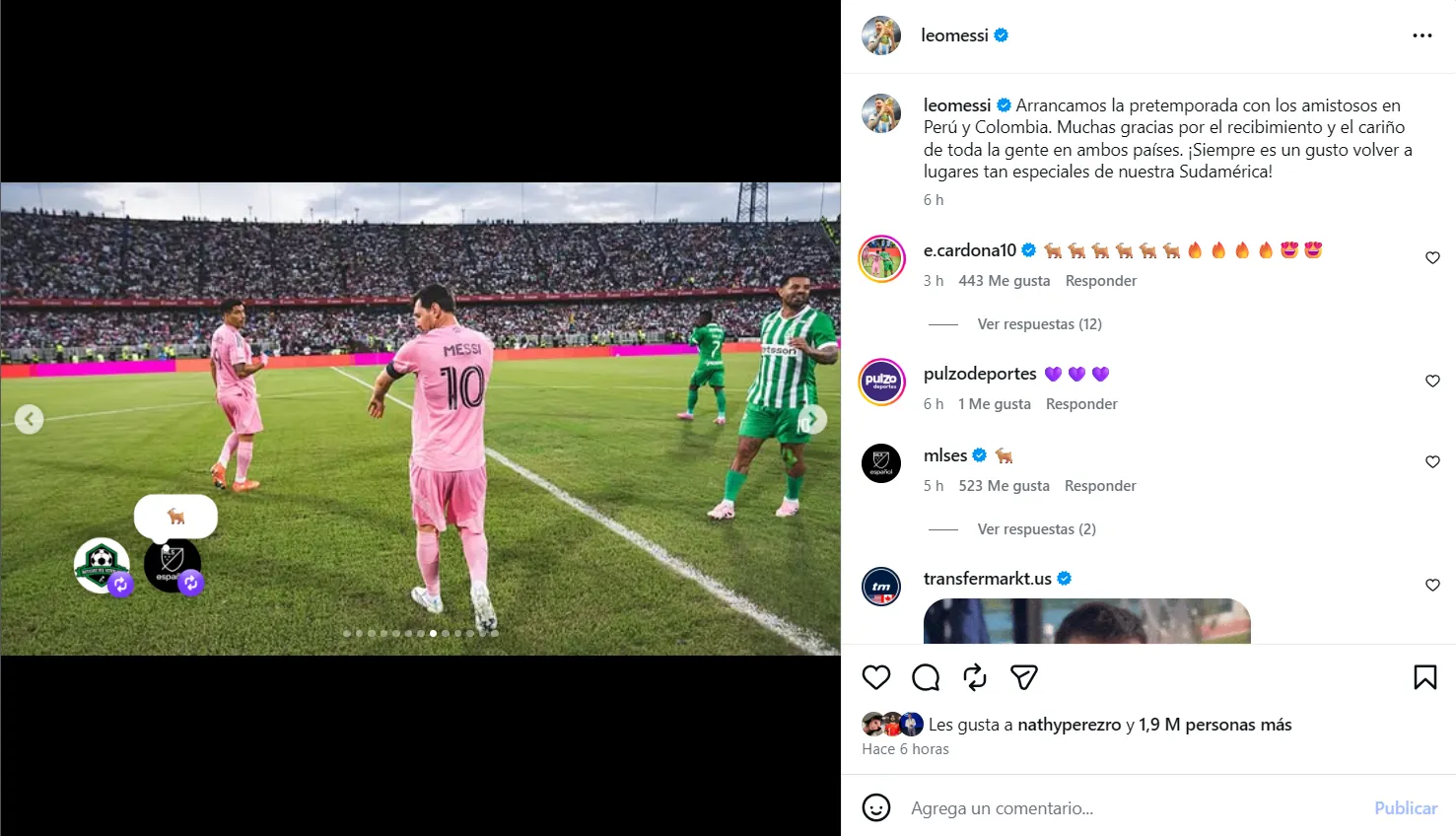 La publicación de Messi con Cardona. (Foto: Instagram / @leomessi)