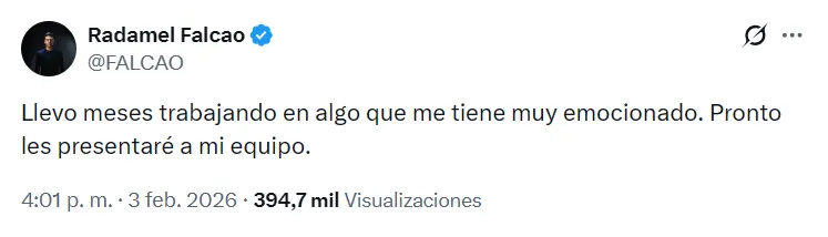 Post de Falcao tras burla de López. (Foto: X / @FALCAO)