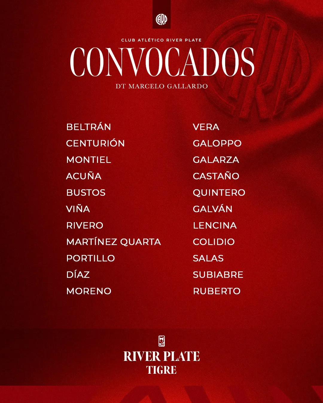 Los convocandos de River para jugar ante Tigre. (Foto: @RiverPlate)