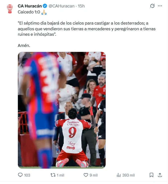 El versículo que creo Huracán para Jordy Caicedo. (Captura de pantalla)