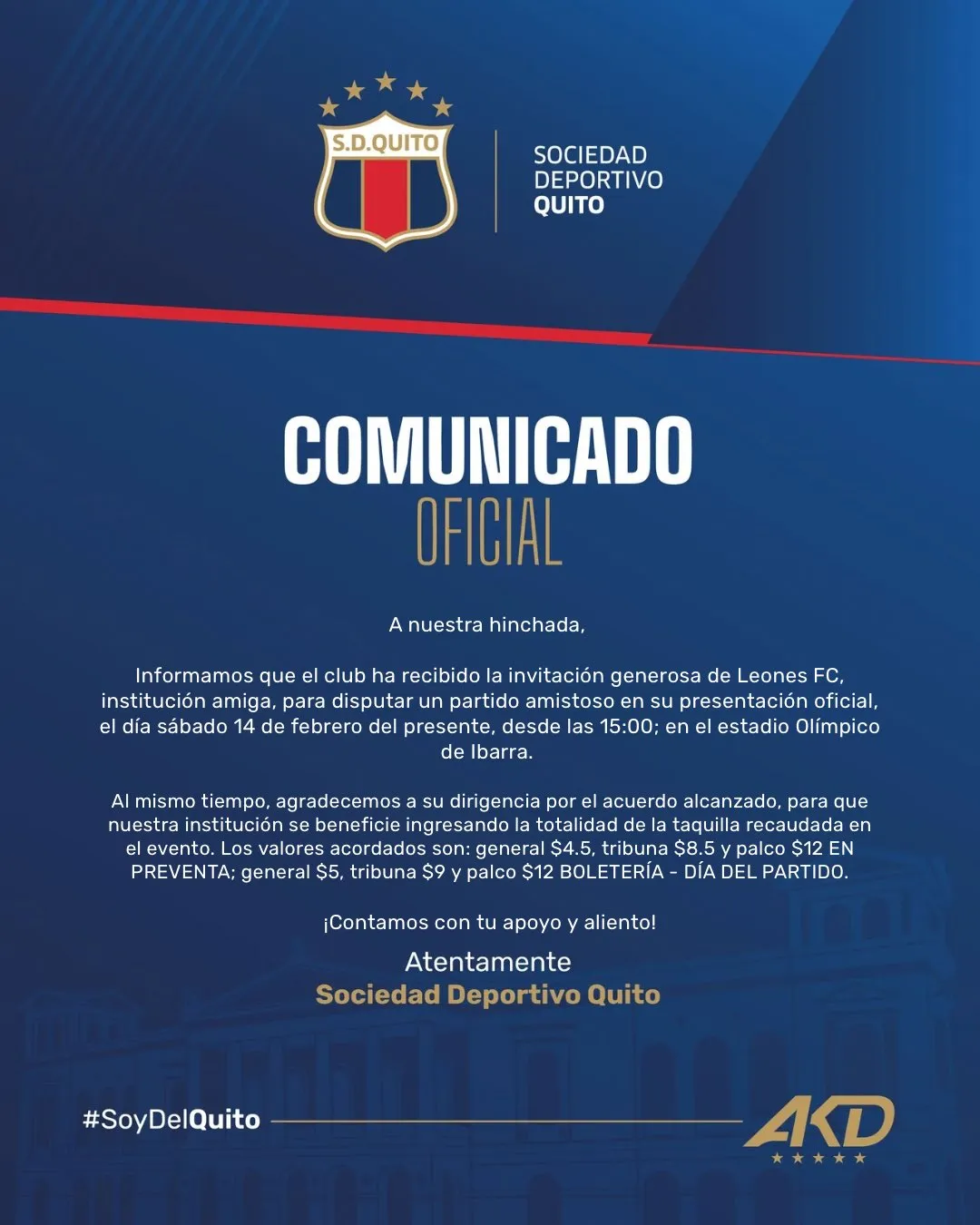 El comunicado de Deportivo Quito. (Foto: @SDQuito_Oficial)