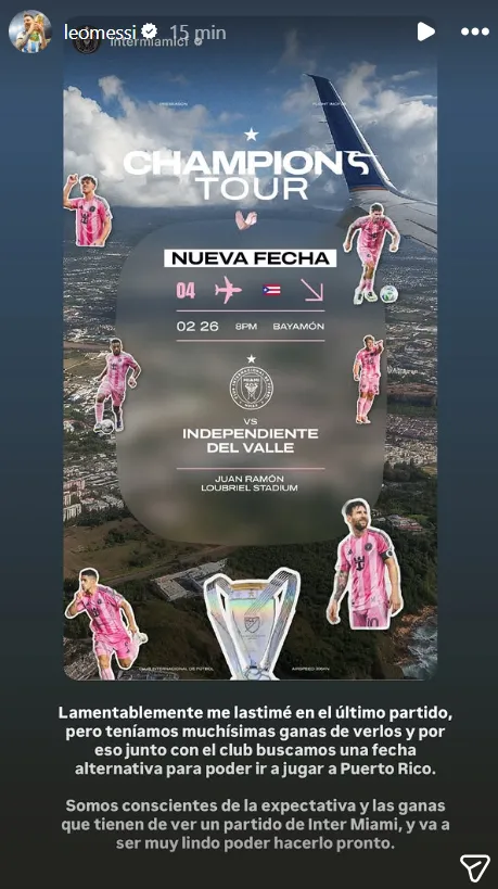 La publicación de Messi sobre la nueva fecha del partido ante IDV. (Captura de pantalla)