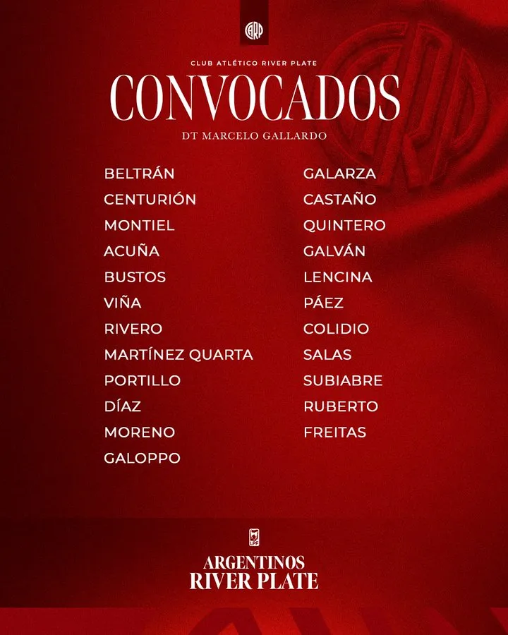 Los convocados de River para jugar ante Argentinos. (Foto: @RiverPlate)