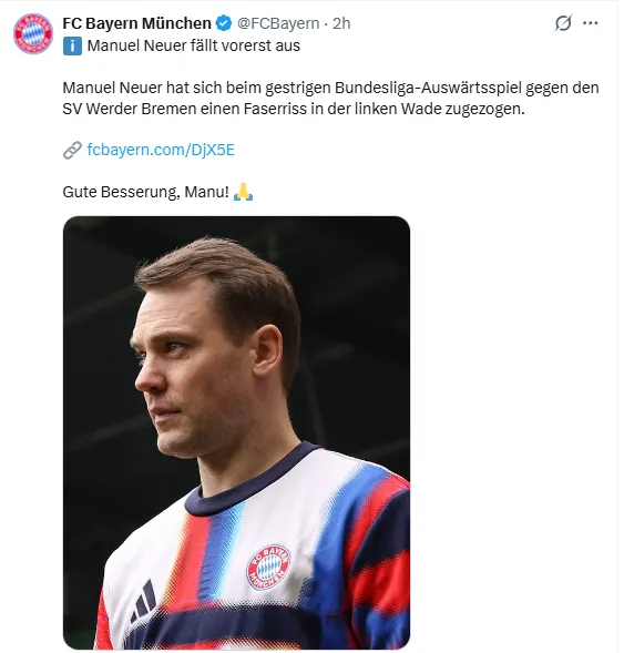 La publicación con la que Bayern Munich confirmó la lesión de Neuer.