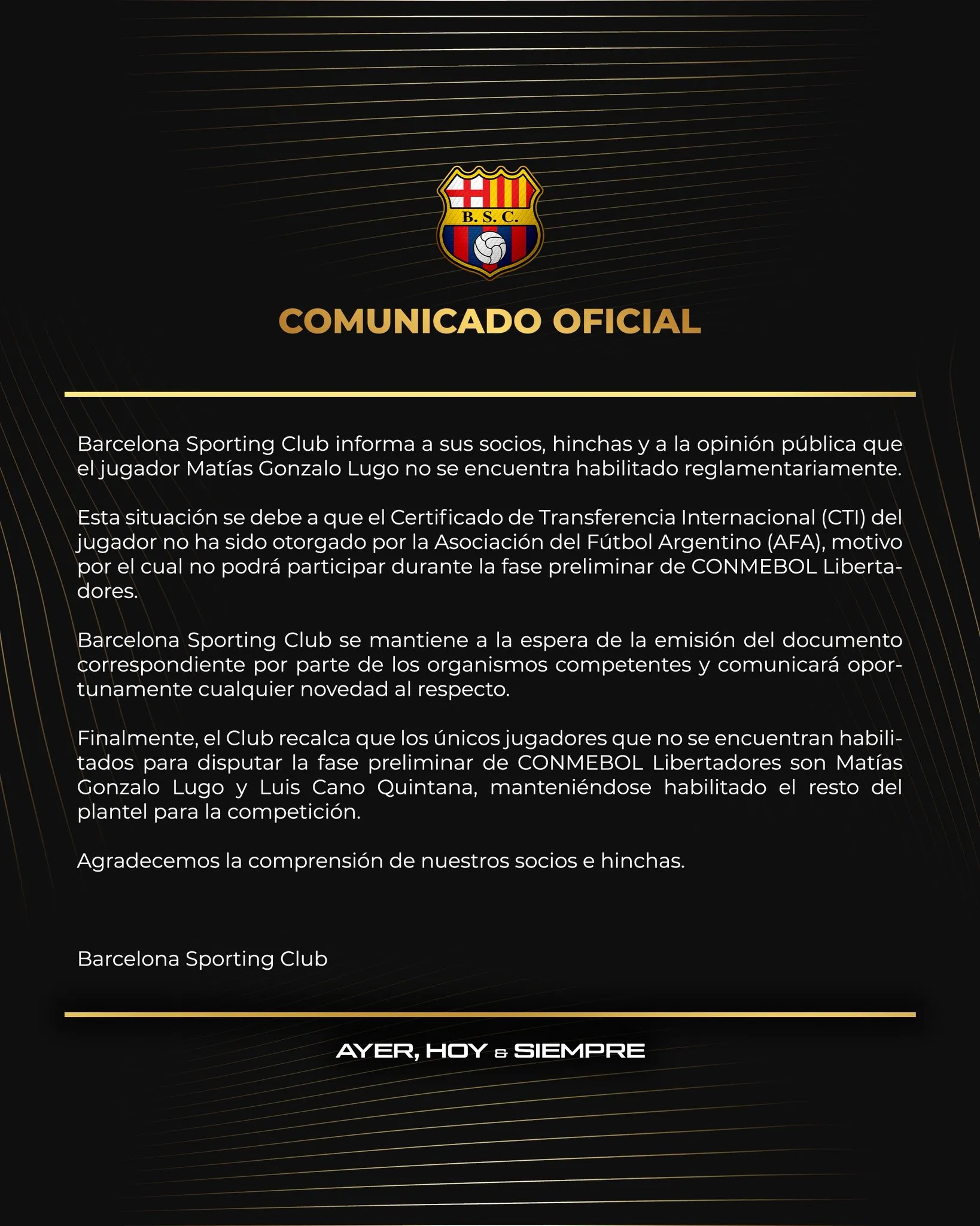 Luis Cano también se pierde el partido de Copa Libertadores. (Foto: @BarcelonaSC)