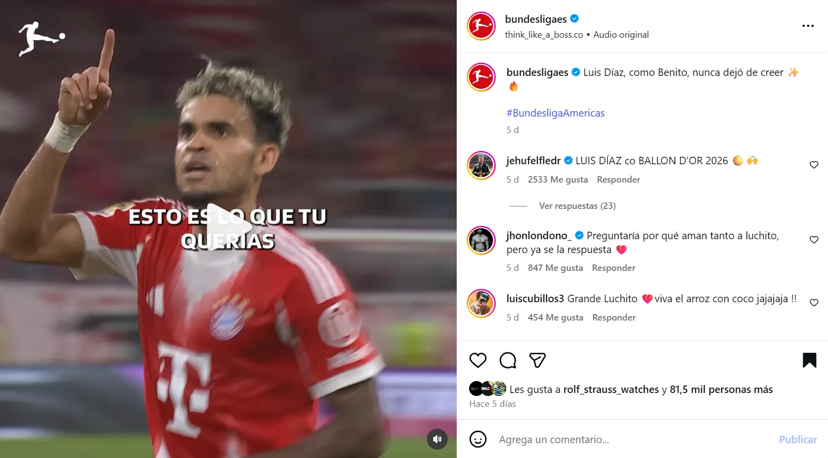 Publicación de la Bundesliga con Luis Díaz. (Foto: Instagram / @bundesligaes)