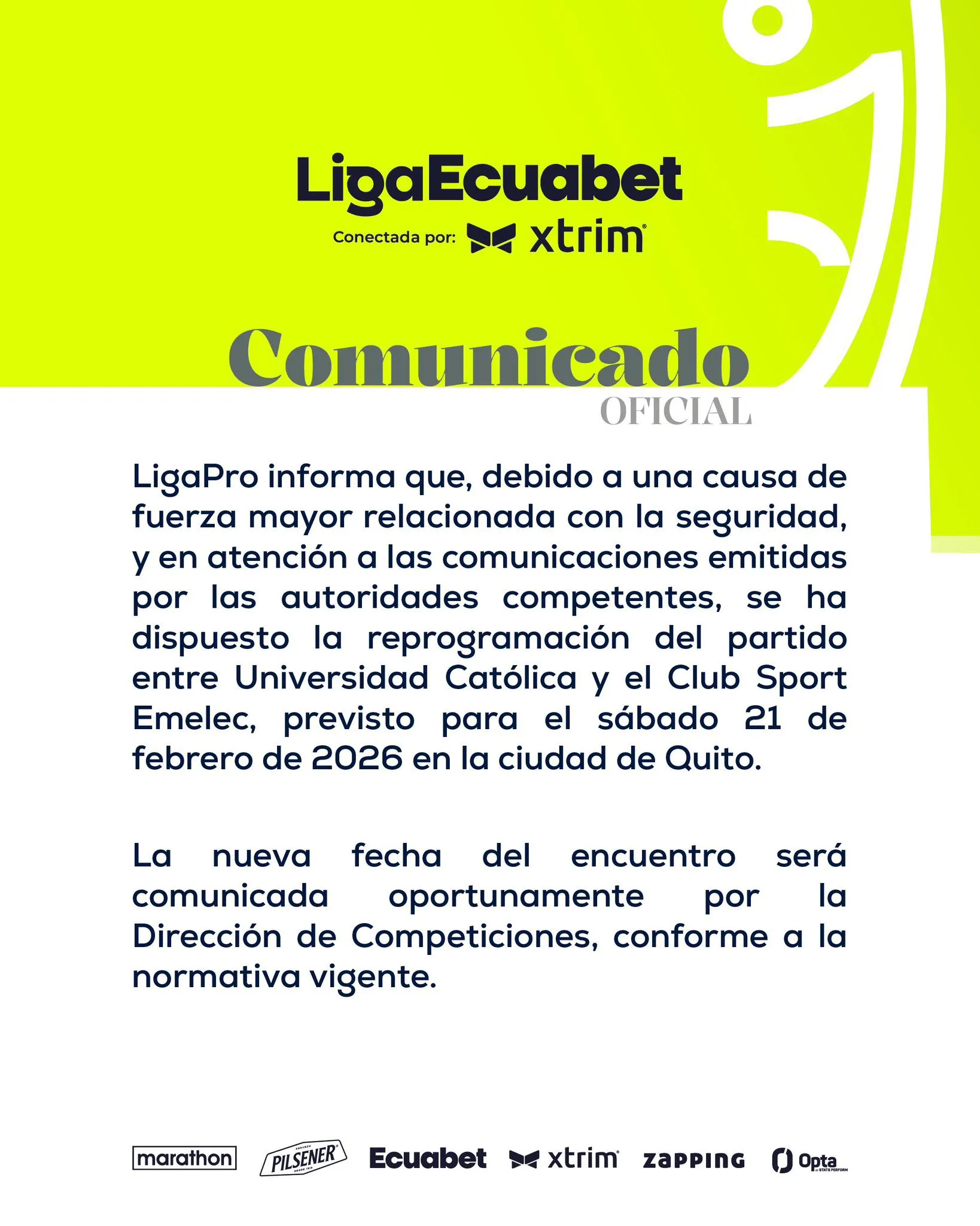 LigaPro suspende el Católica vs Emelec. (Foto: @LigaEcuabet)