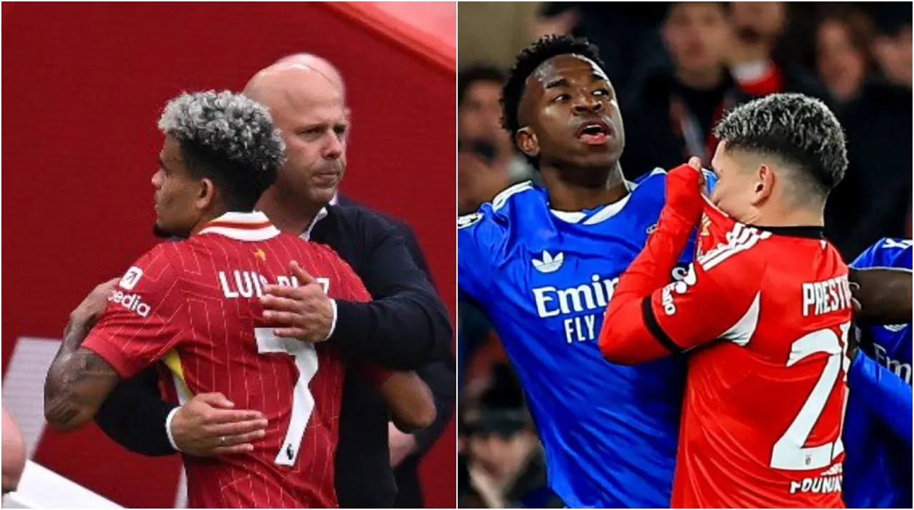 Luis Díaz, Arne Slot, Vinicius Jr. y Gianluca Prestianni. (Foto: X)