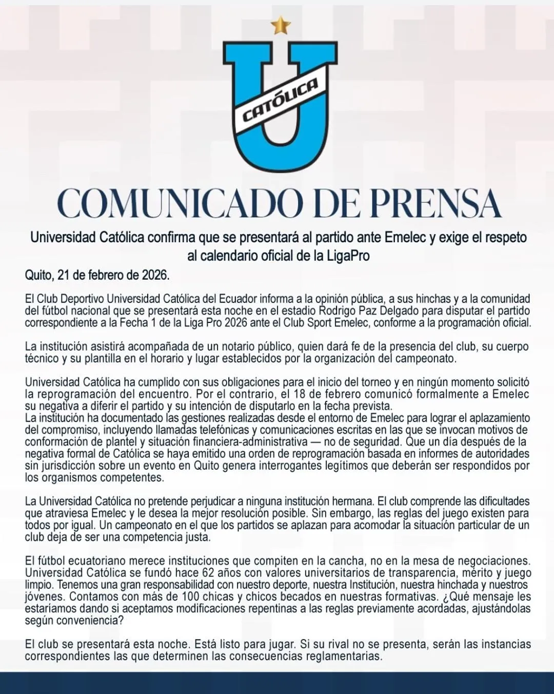 El duro comunicado de Universidad Católica. (Foto: Universidad Católica)