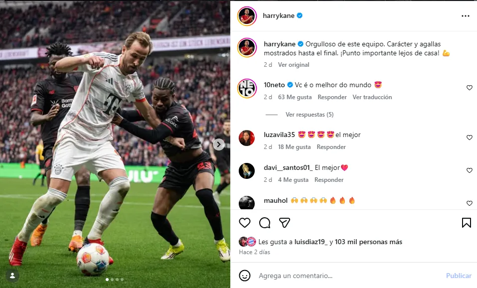 Post de Kane tras la expulsión de Luis Díaz. (Foto: Instagram / @harrykane)