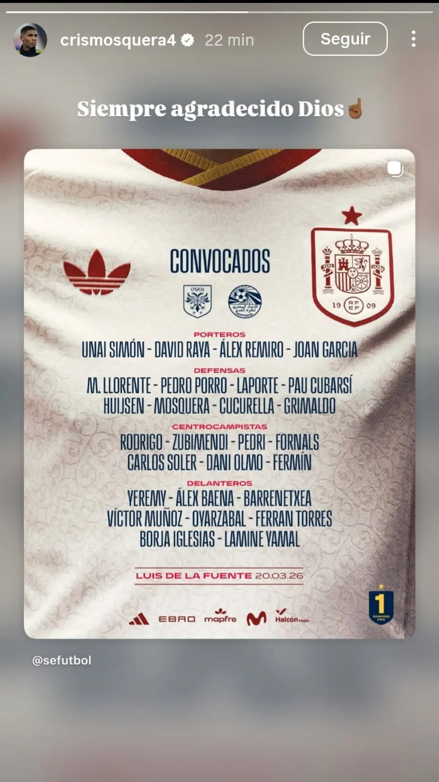 El mensaje de Mosquera tras elegir a España. (Captura de pantalla)