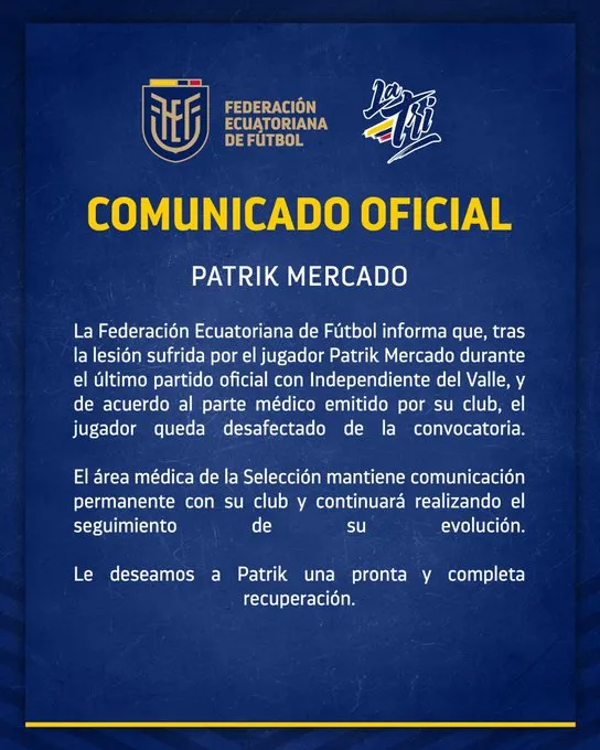 Patrik Mercado fue desafectado de la convocatoria de Ecuador. (Foto: @LaTri)
