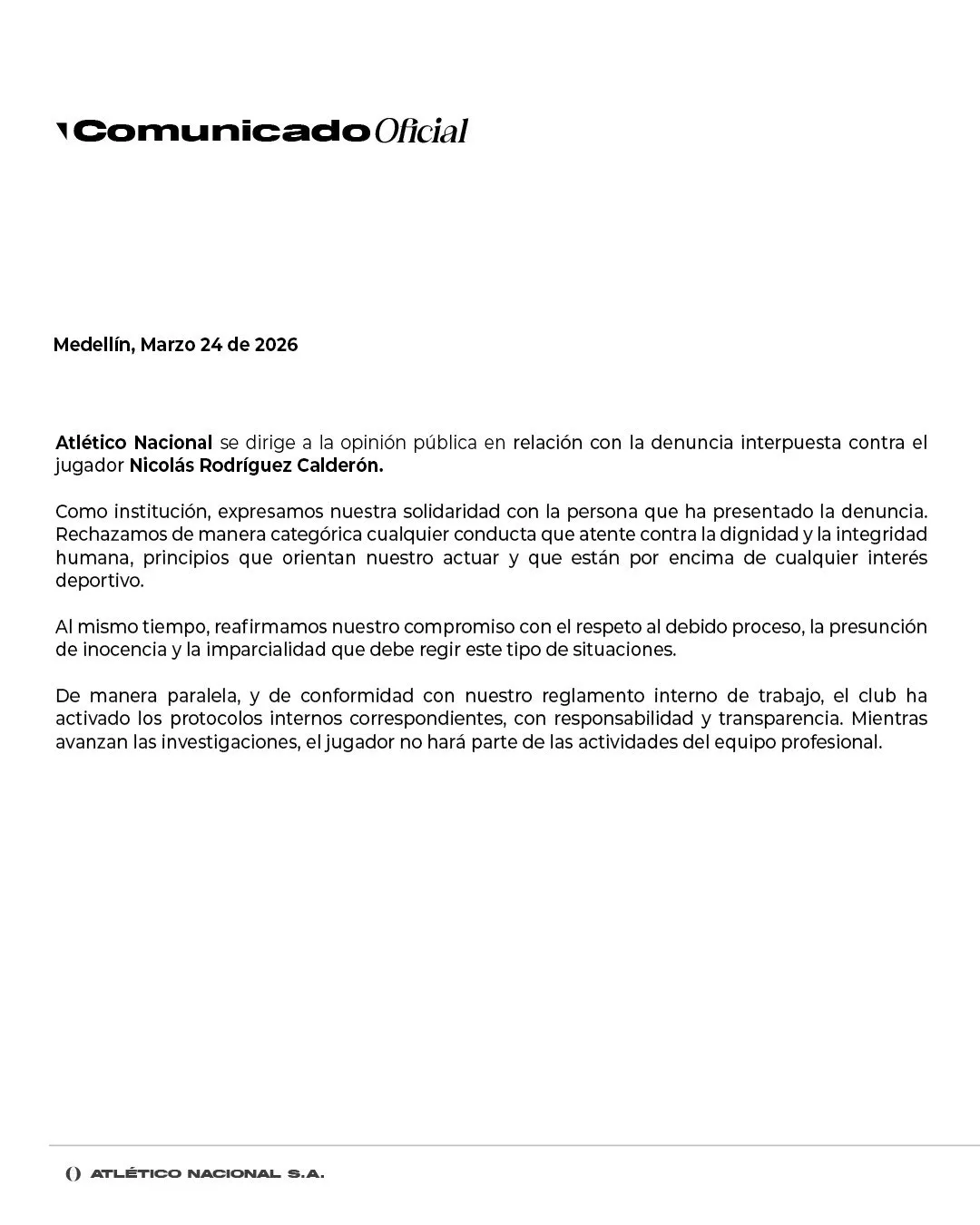 El comunicado oficial de Nacional por el caso de Nicolás Rodríguez. (Foto@nacionaloficial)