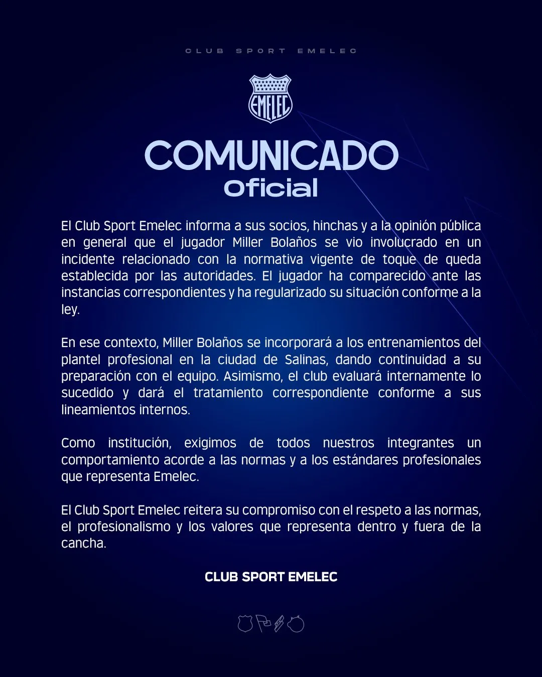 El comunicado de Emelec sobre Miller Bolaños. (Foto: @CSEmelec)
