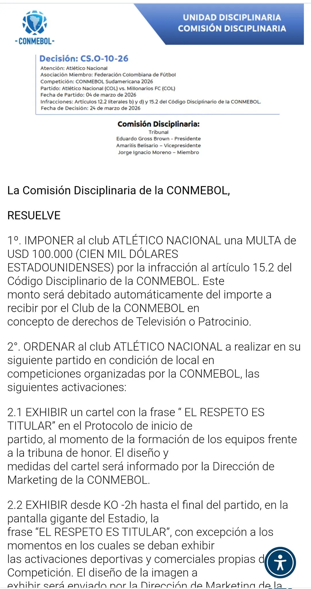 La sanción de CONMEBOL a Atlético Nacional. (Foto: @CONMEBOL)