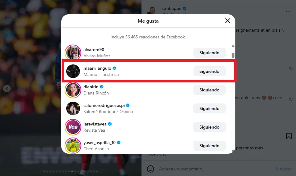 La reacción de Hinestroza al post de Mbappé. (Foto: Instagram / @k.mbappe)