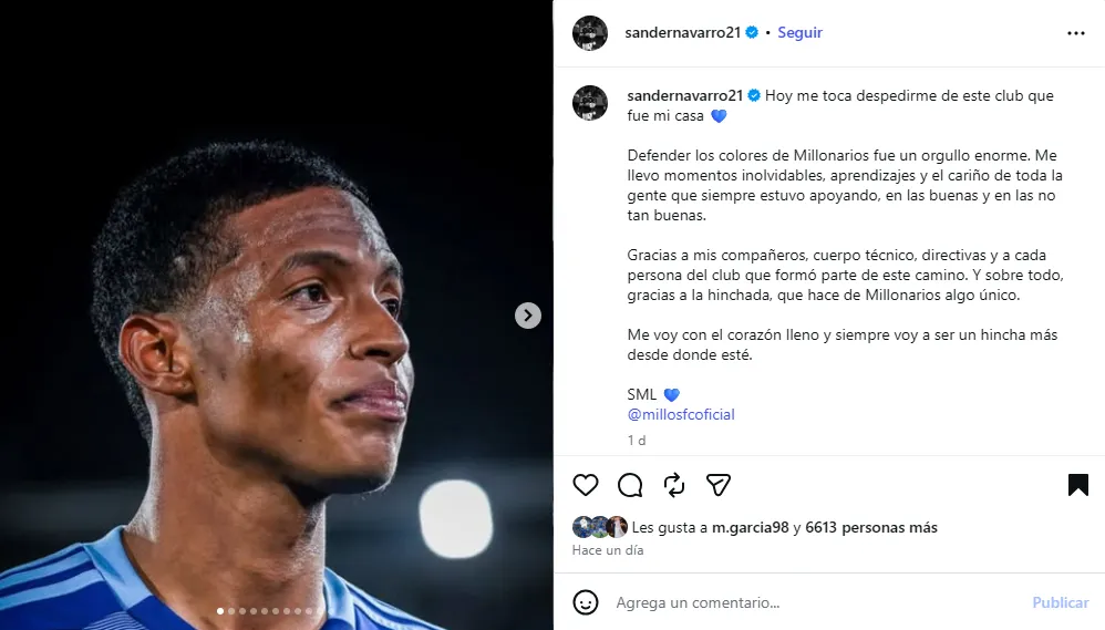 Sander Navarro se despidió de Millonarios. (Foto: Instagram / @sandernavarro21)