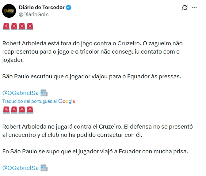 Robert Arboleda no aparece en Sao Paulo. (Captura de pantalla)