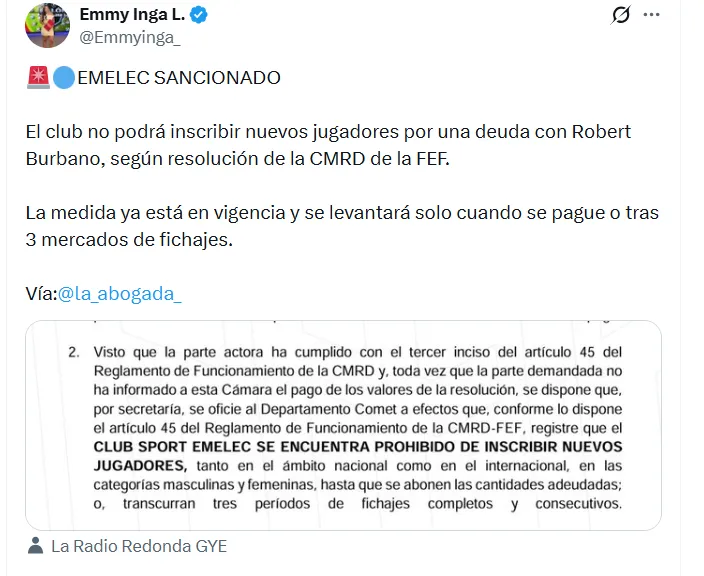 La nueva sanción que recibió Emelec. (Captura de pantalla)