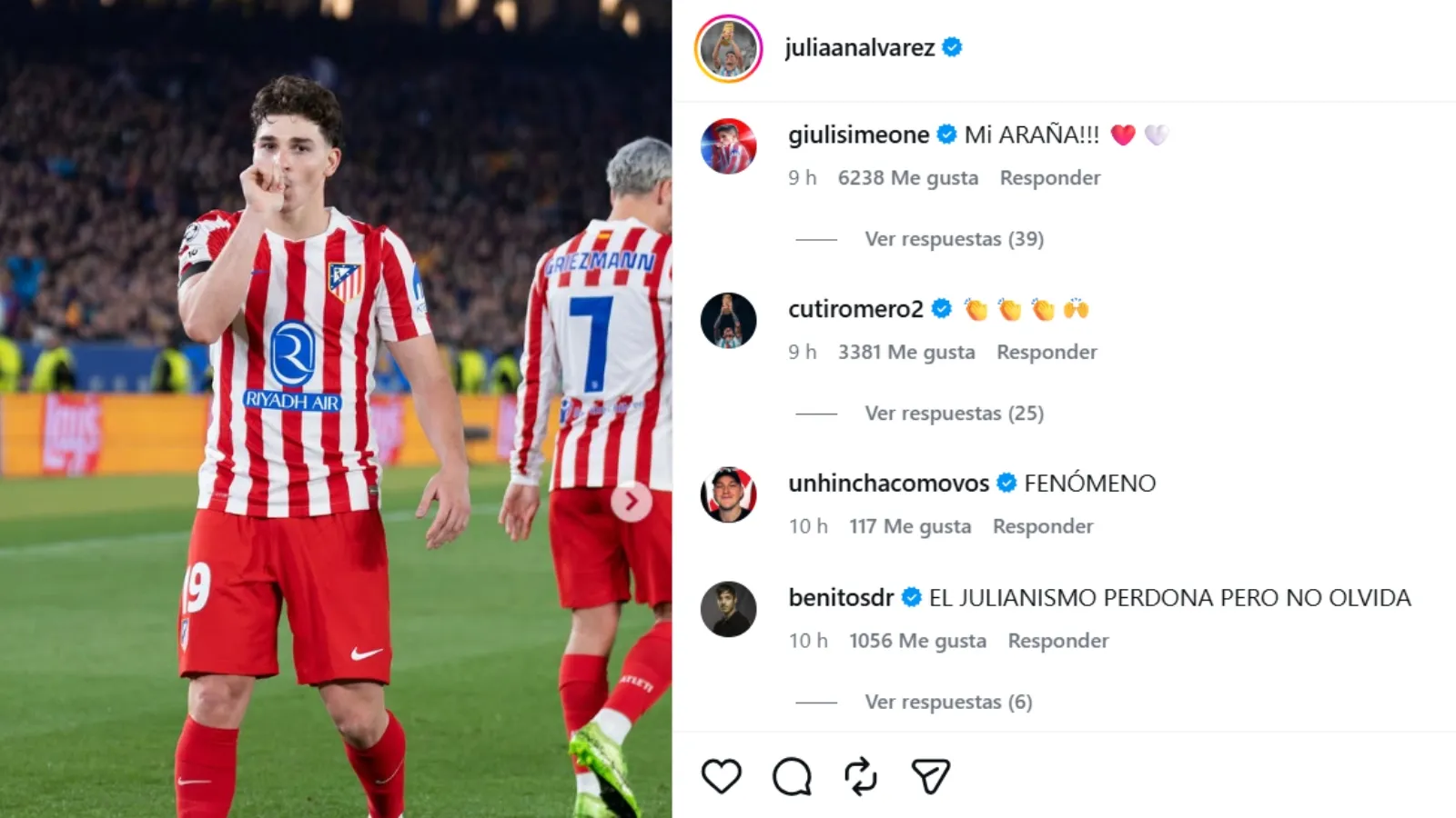 Romero festejó en redes el golazo de Julián Alvarez: GETTY
