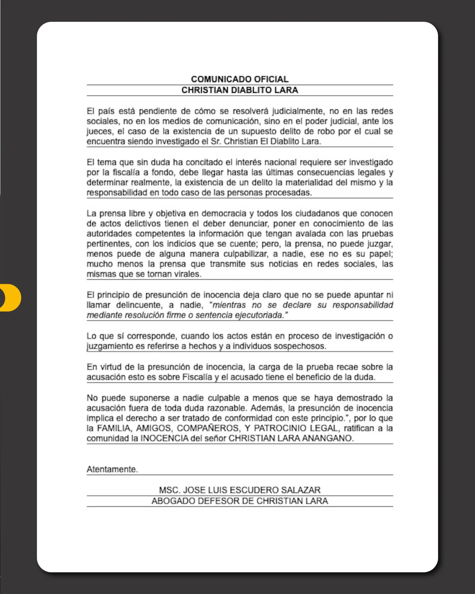 La defensa de Christian Lara emitió este comunicado. (Foto: @LaPosta_Ecu)