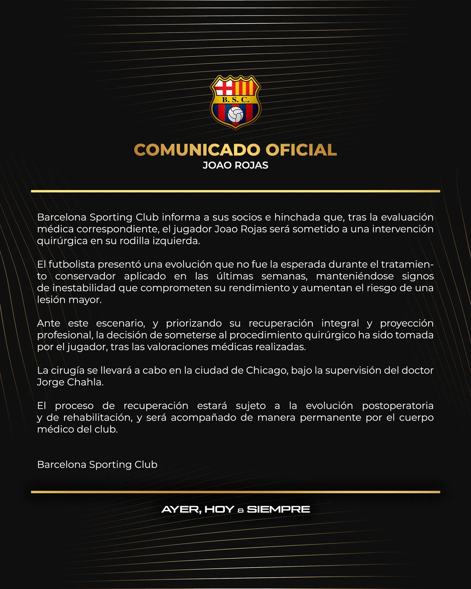El comunicado de Barcelona SC sobre Joao Rojas. (Foto:  @BarcelonaSC)