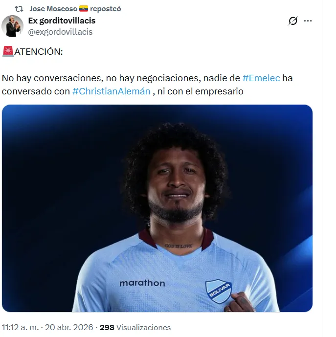 Christian Alemán no estaría cerca de llegar a Emelec. (Captura de pantalla)