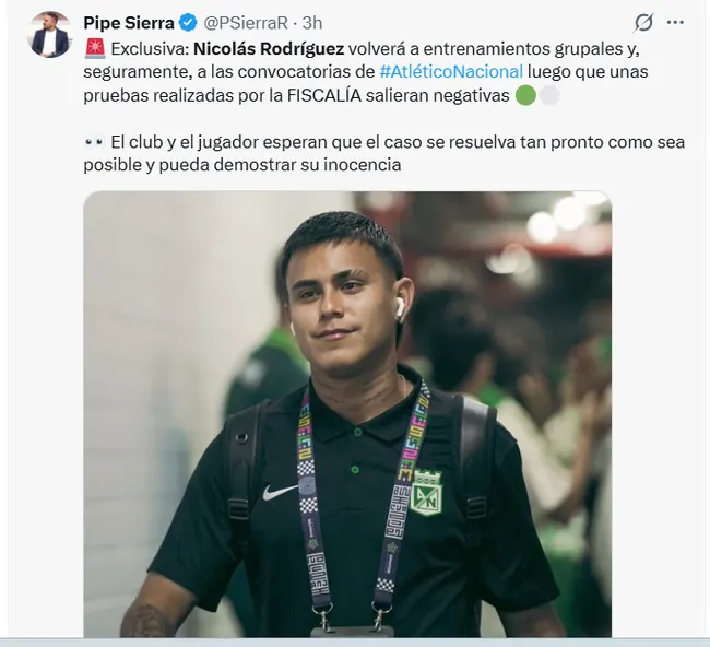 Nicolás Rodríguez podría volver a jugar con Atlético Nacional. (Foto. Captura de pantalla)