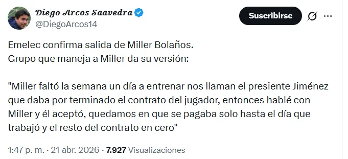 Miller Bolaños acordaría su salida en 0. (Captura de pantalla)