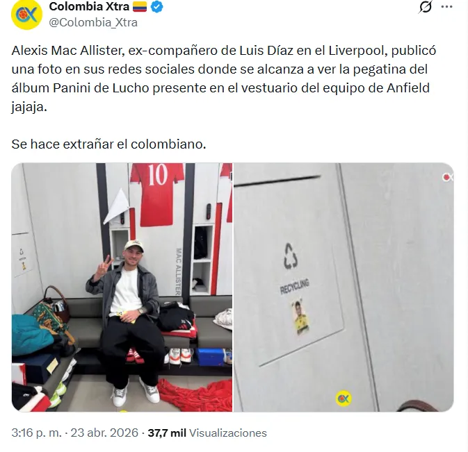 El cromo de Luis Díaz en el vestuario de Liverpool. (Captura de pantalla)