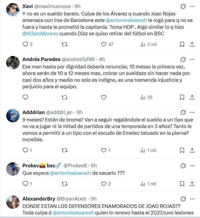 Los comentarios contra Joao Rojas en Barcelona SC. (Foto: Captura de pantalla)