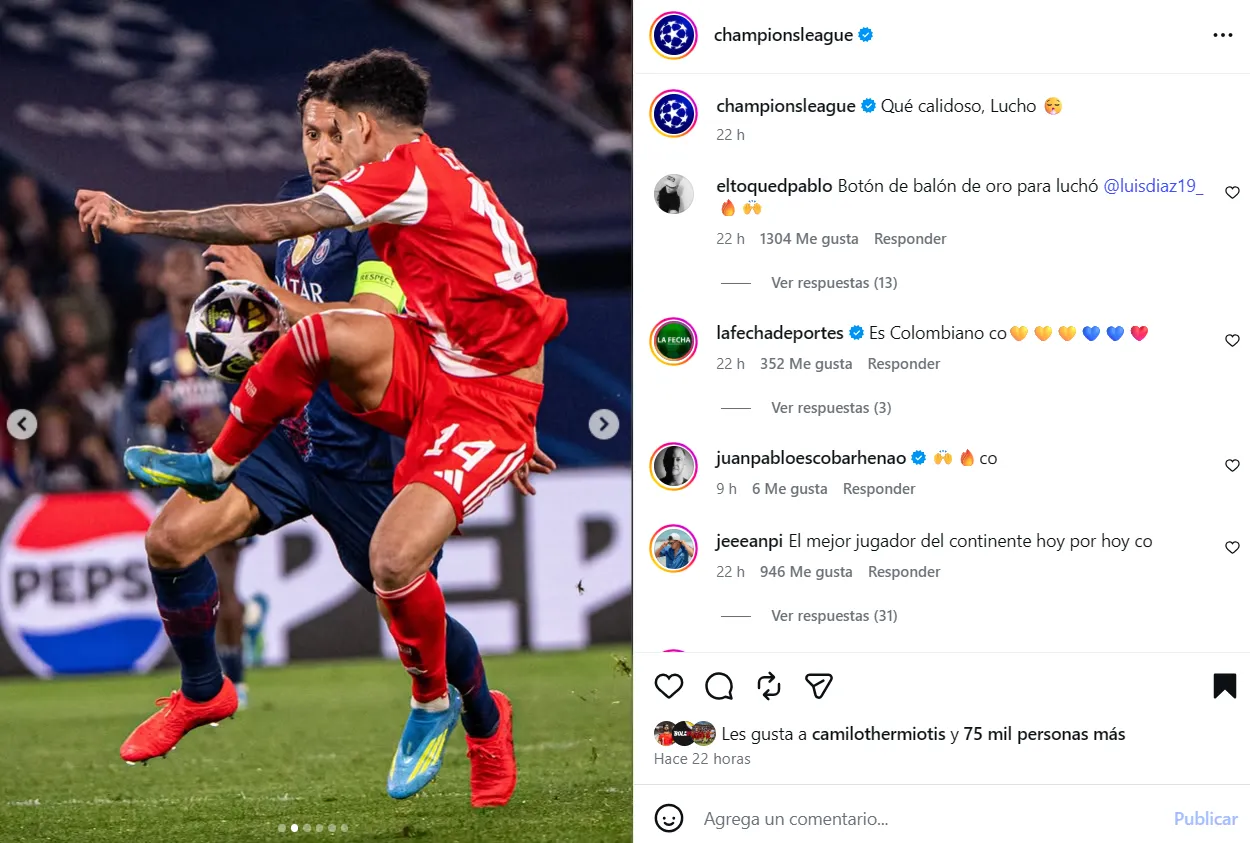 El post de la Champions para Luis Díaz. (Foto: Instagram / @championsleague)