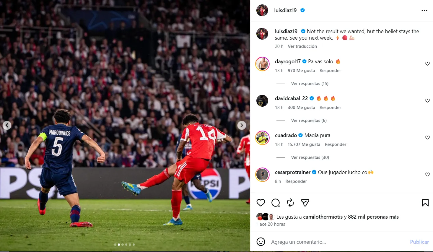 Post de Díaz tras el gol al PSG. (Foto: Instagram / @luisdiaz19_)