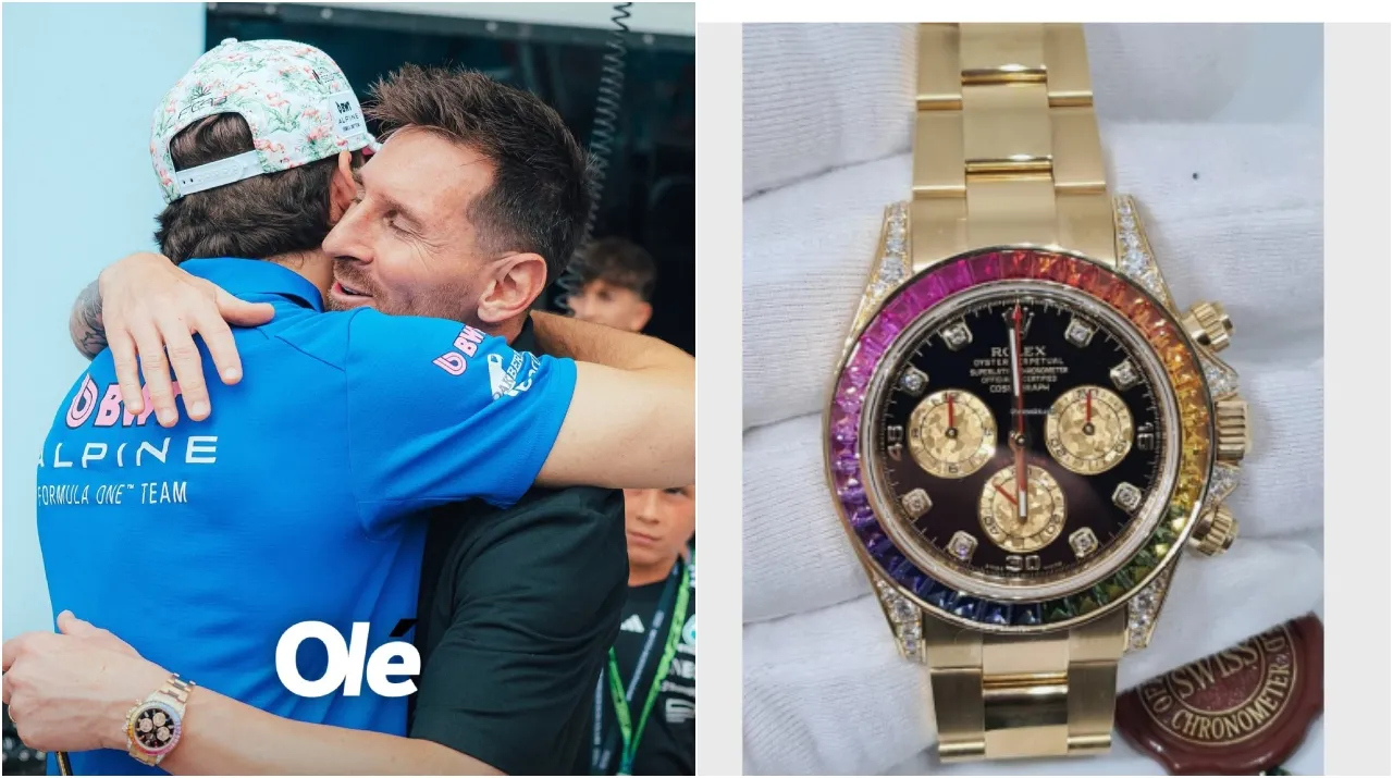 El reloj que Messi usó en la Fórmula 1. (Foto: X / Olé y chrono24)