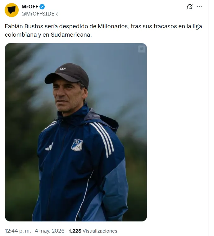 Bustos sería despedido de Millonarios, afirman desde Ecuador. (Foto: Captura de pantalla)