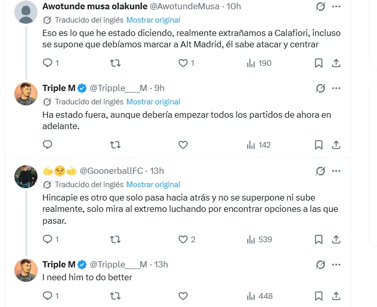 Algunos de los comentarios en el debate de Hincapié vs Calafiori. (Captura de pantalla)