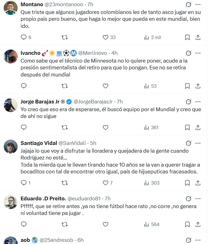 Los comentarios de los hinchas sobre James Rodríguez (Captura de pantalla)