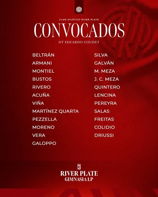 La convocatoria de River para jugar ante Gimnasia. (Foto: @RiverPlate)