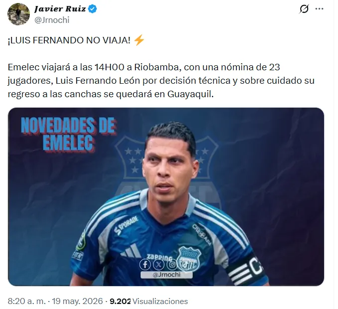 León será baja en Emelec. (Foto: Captura de pantalla)