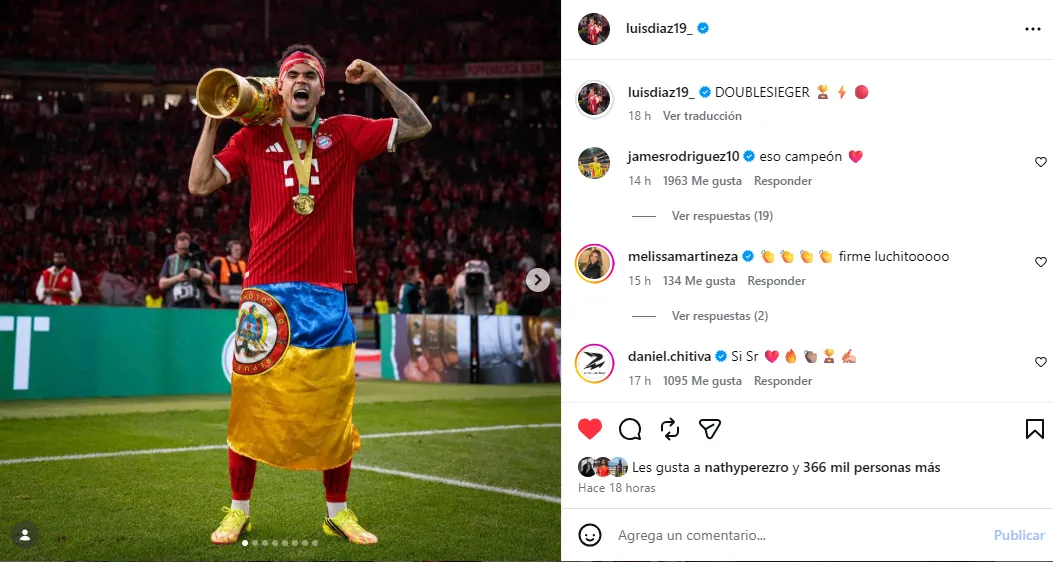 Post de Luis Díaz tras ganar la Copa de Alemania. (Foto: Instagram / @luisdiaz19_)