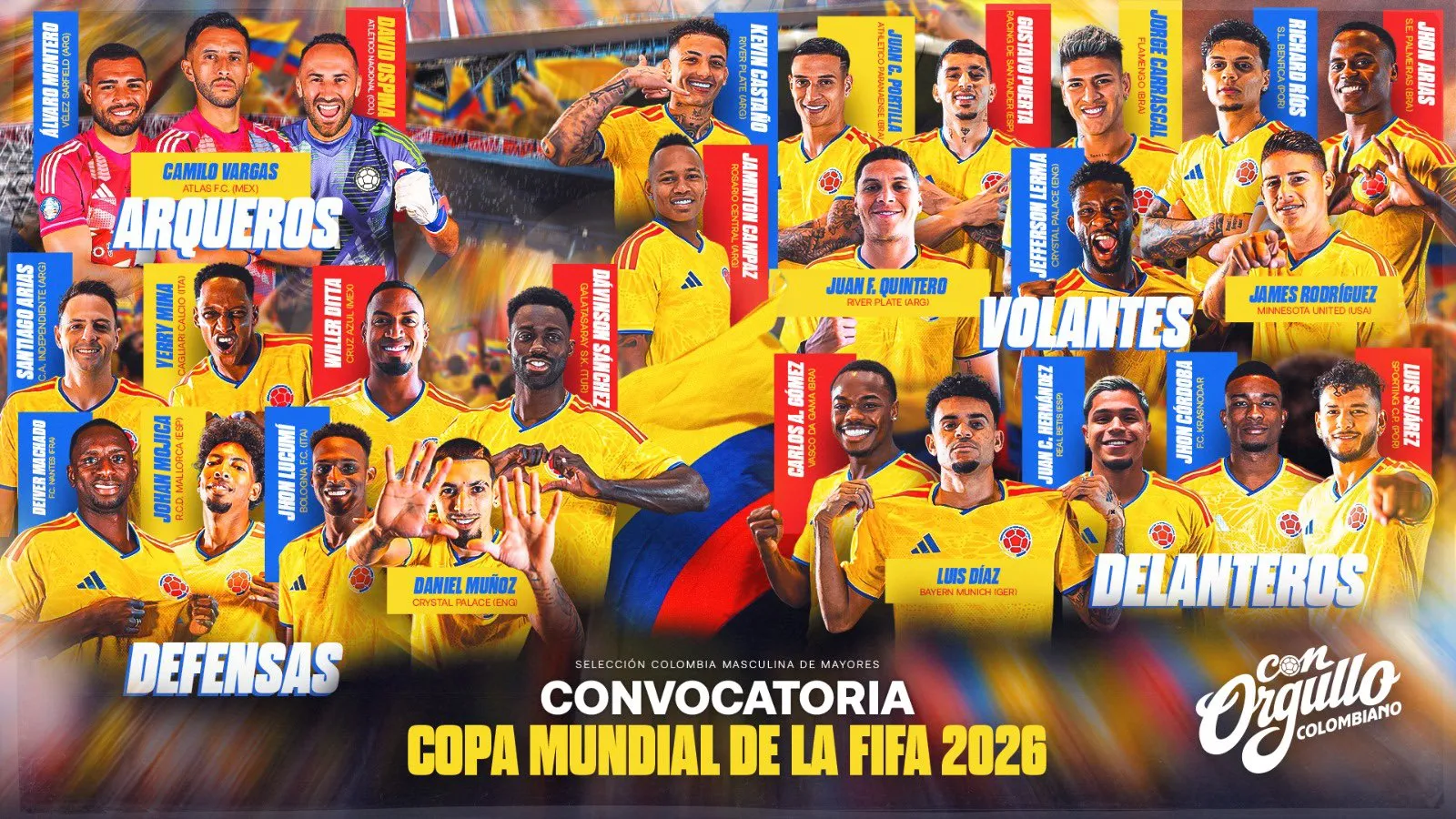 Los convocados de Colombia al Mundial 2026. (Foto: @FCFSeleccionCol)
