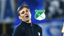 Fabián Bustos y el escudo del Deportivo Cali.