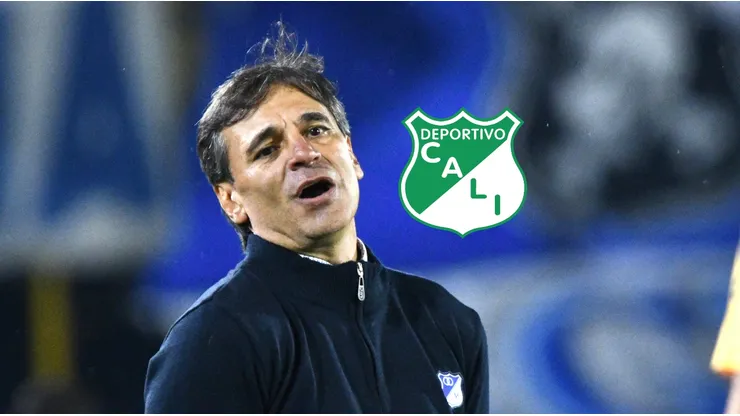 Fabián Bustos y el escudo del Deportivo Cali.