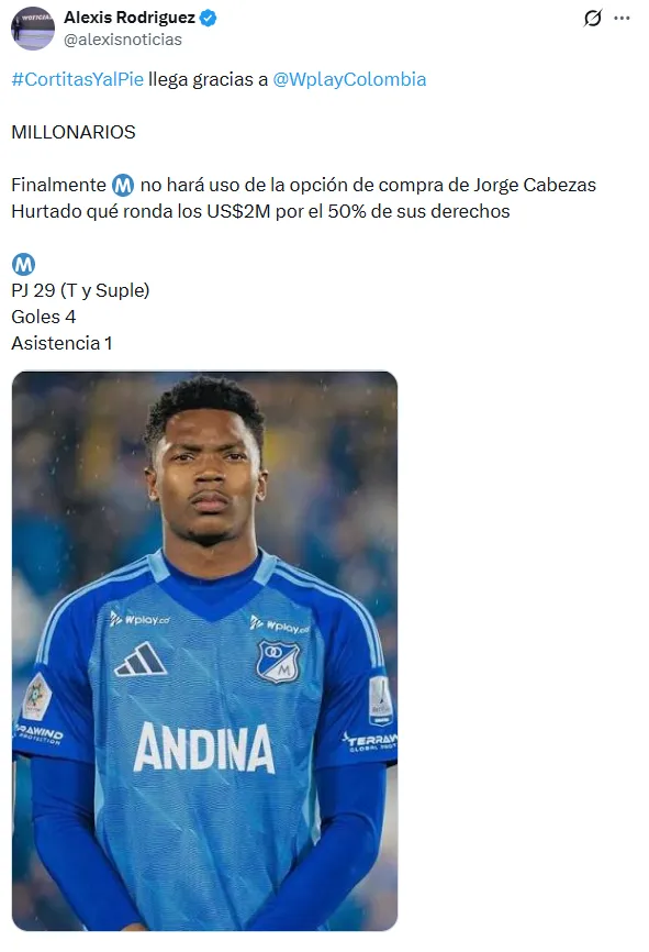 Jorge Cabezas Hurtado se marcharía de Millonarios. (Foto: Captura de pantalla).