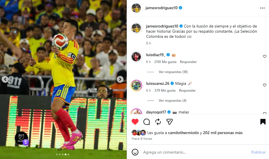 Post de James tras el 3-1 a Costa Rica. (Foto: Instagram / @jamesrodriguez10)