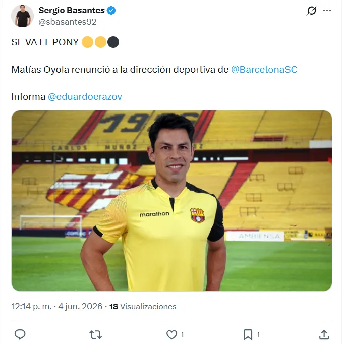 Oyola se marcha de Barcelona SC. (Captura de pantalla)