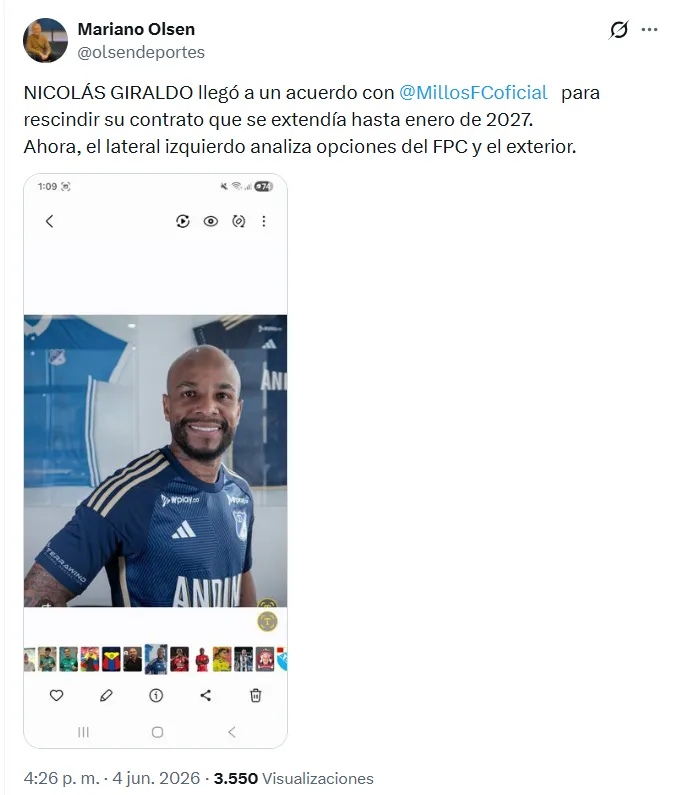 Nicolás Giraldo se iría de Millonarios. (Captura de pantalla).